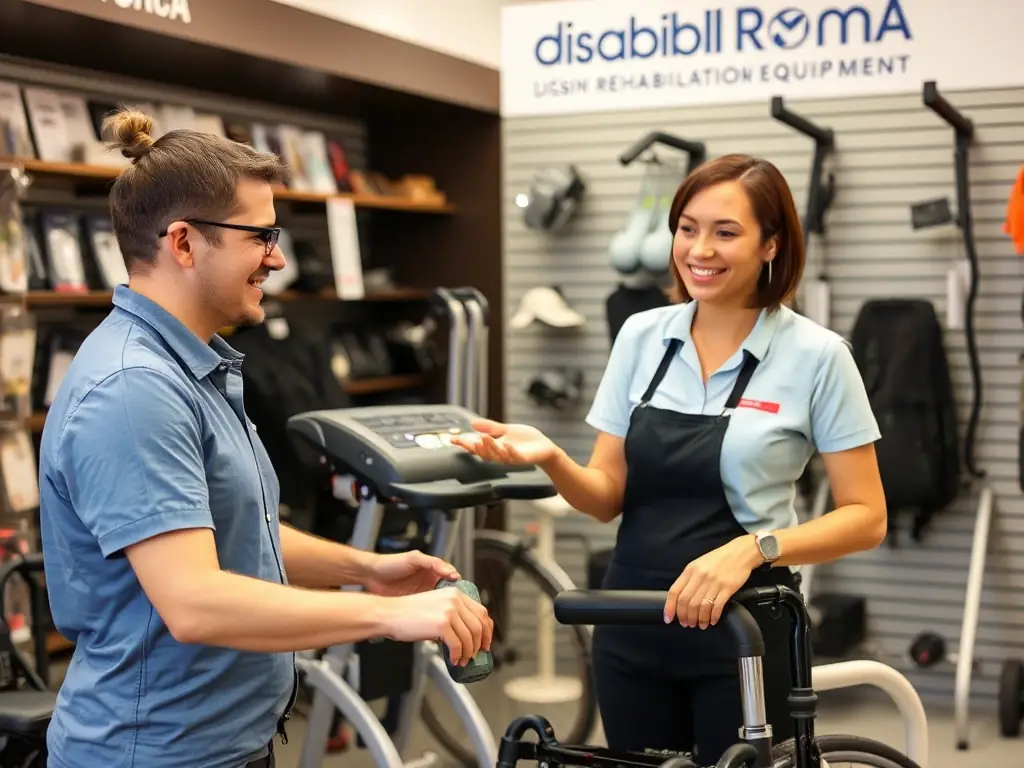 A friendly Disabili Roma staff member assisting a customer with selecting the right equipment.