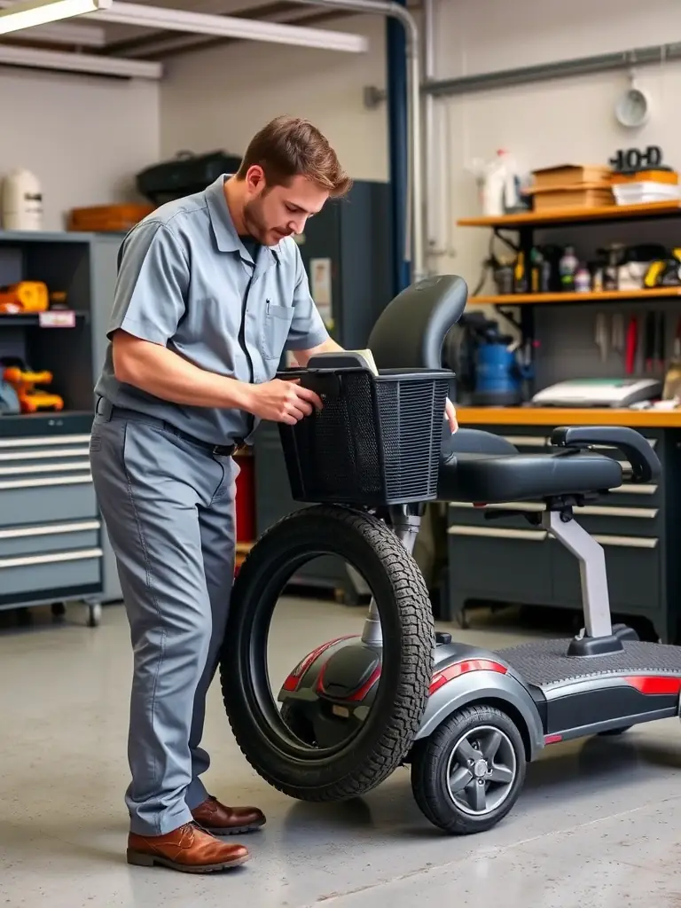 A technician is shown replacing a tire on a mobility scooter in a clean and organized repair shop. The scene conveys efficiency and attention to detail.