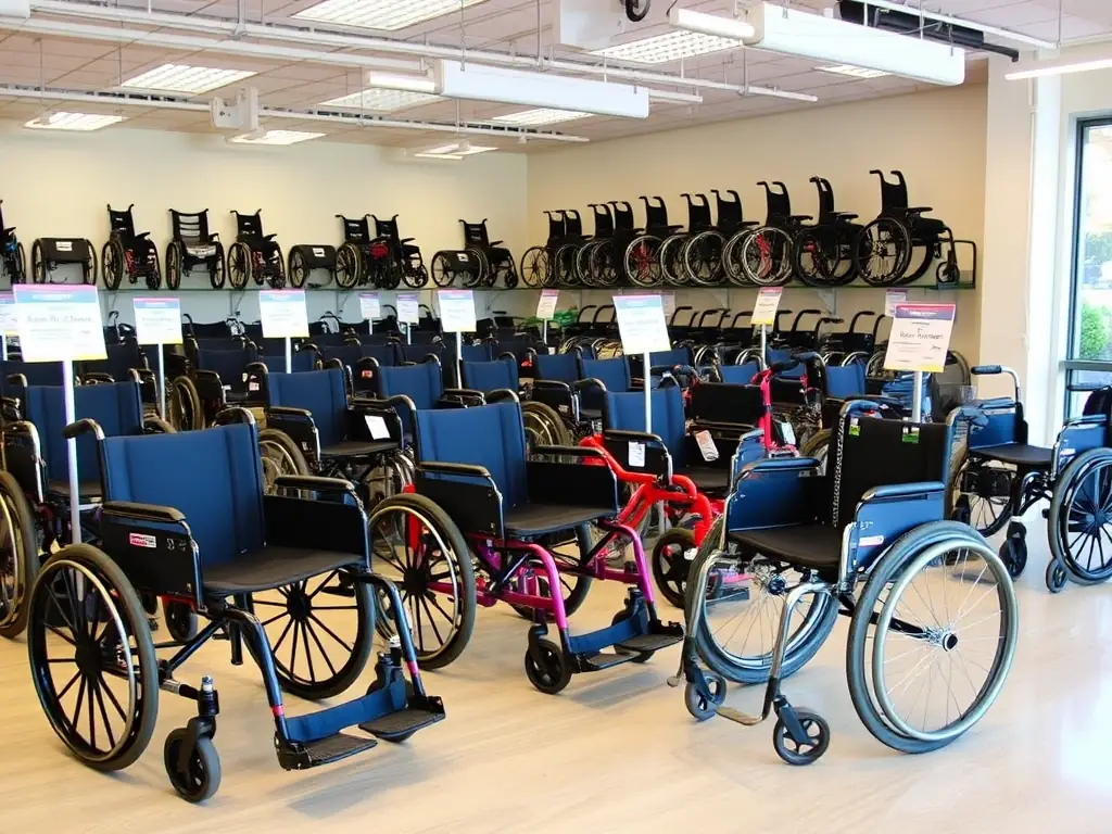 A selection of new and used wheelchairs available for sale in a showroom setting.