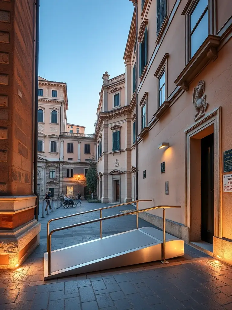 A modern wheelchair ramp seamlessly integrated into the entrance of a historic building in Rome, Italy, showcasing accessibility without compromising architectural aesthetics.