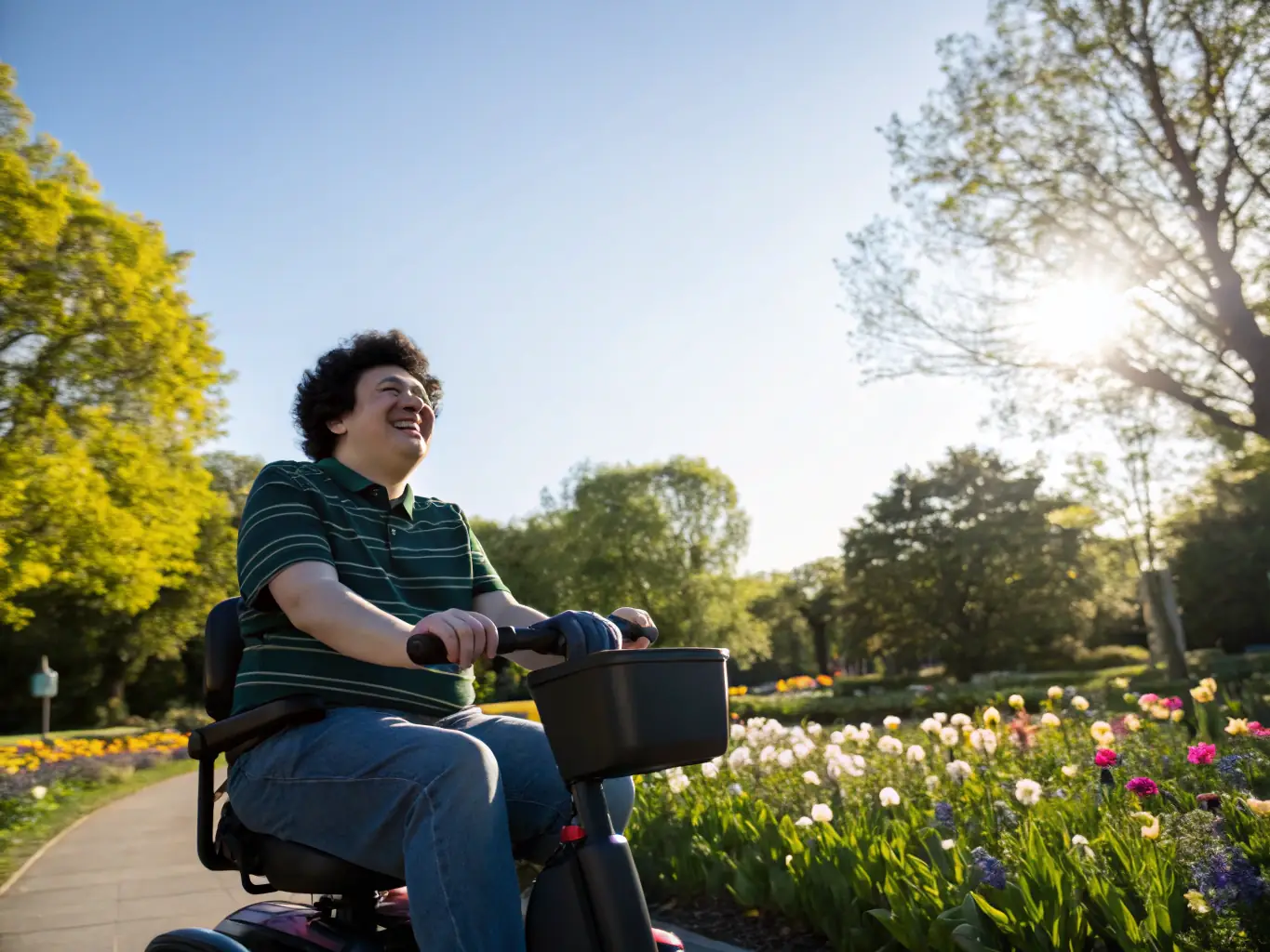 A person using a rented mobility scooter in a park, showcasing the freedom and convenience of rental options.